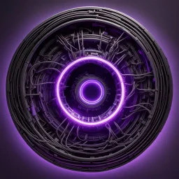 a cool looking mechanical black hole made with black wires with a purple glowing outline and core