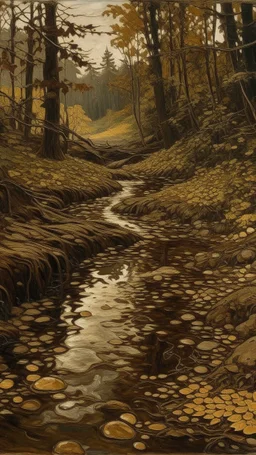A dark brown forest creek covered in mud painted by Gustav Klimt