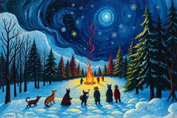 Winter solstice celebration under a starry sky, bonfire, night Creatures watch from the edge of the forest colourful Zdzisław Beksiński Picasso naive art Henri Matisse Alex Grey SALVADOR DALI Andy Warhol Paul Gauguin Claude Monet Gustav Klimt Ernst Ludwig Kirchner Tim Burton graffiti zentangle Marc Chagall Jackson Pollock Francis Bacon Egon Schiele Georges Seurat M.C. Escher Joan Miró Louis Wain Victo Ngai Enki Bilal Camille Pissarro art brut Odilon Redon Remedios Varo primitivism Jean-Michel