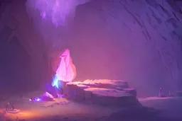 A large glowing purple crystal gem in the middle of a large cave only lit by the crystal, by Greg Rutkowski, long shot, trending on artstation