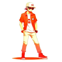 <lora:xuehua:1>,xh,1boy,solo,male focus,hat,simple background,shirt,baseball cap,white footwear,pants,shoes,mask,sunglasses,standing,full body,short sleeves,white shirt,red headwear,red background,brown pants