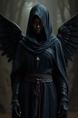 black skined female assimar hooded cloak wings