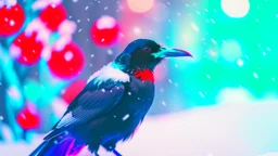 Capture a striking image of a crow with a Christmas hat in the snowy landscape, staring directly at the camera. Embrace the festive mood, showcasing the unique combination of the crow in a wintry setting with a touch of holiday cheer.