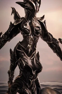 Cinematic close-up bust shot, of an exquisite beautiful saryn prime female warframe, that's a beautiful stunning hot anthropomorphic robot female dragon, with cute robot dragon head, metal cat ears and glowing eyes, doing a sassy pose, standing on the beach at sunset, sharp claws, streamlined white armor, pink skin, high quality digital art, detailed warframe fanart, destiny fanart, macro art, dragon art, furry art, realistic digital art, warframe art, destiny art, furaffinity, deviantart, artst