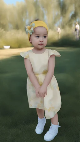 Little girl in yellow dress in 8k cartoon realistic artstyle