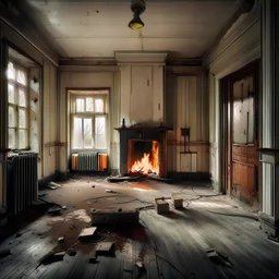 A eerie liminal space dreamy empty photo of a empty house with fire