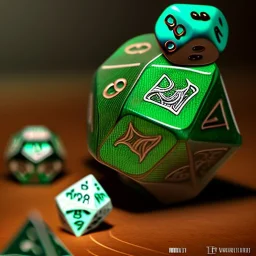 dice with runes on table with green cloth, fantasy book art