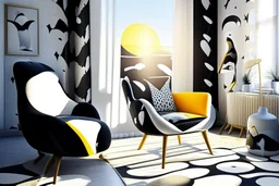 lifelike human feet pattern decorated wallpaper in the background and a penguin shaped and penguin coloured (black and white) armchair in a modern room in sunshine