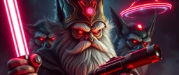 volume fog light, hyper real close up on fluffy beard faces of rock alien cricket raven wolf priest gremlin man general with hi tech transcendent lazer plasma blaster scepter arsenal from pluto hell, guarding bridge up to space saucer neon plastic transparent