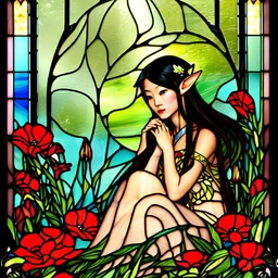 Stained Glass Art Nouveau art style A beautiful as a model asian woodland elf princess who looks like a young Lucy Liu seated on a throne surrounded by poppies and marijuana leaves in a mystical forest, photo-realistic