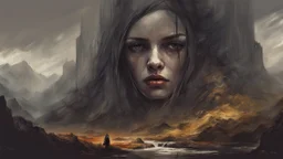 Amazing gloomy landscape, girl-warrior, mountains, trees, castle, fabulous scary hero, gloomy obelisk, juicy emotions, colored pencils, dark fantasy, bad weather, gloomy day, dark world, sketch art, fine lines, grunge, sensual, darkness, by Raymond Swanland & Alyssa Monks & Anna Razumovskaya