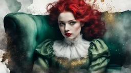 mixed media, multiple exposure, old worn torn plain canvas, grunge, layered, embossed, fine art luminous soft watercolor, glitter, mid-ground, luminosity, highlights, gold fragments, light effects, dark grey-green fragments, dot technique, portrait of Victorian Gothic woman on SOFA, Red hair, light Red lips, fluffiness, wind, airy dark GREEN flowing dress, Fur, swirls, layered, blending, textured, 3D, 8K, best quality, fine rendering, high detail, hyperrealism, high resolution, high definition,