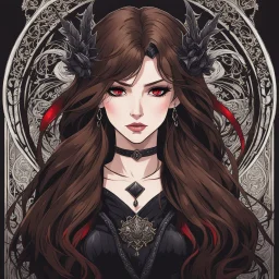 A portrait headshot of a confident looking young woman with pale skin and long brown hair in a dark fantasy setting with intricate details. She is wearing black and read leather, has red eyes, an air of malevolent power surrounds her. Anime style. High definition.