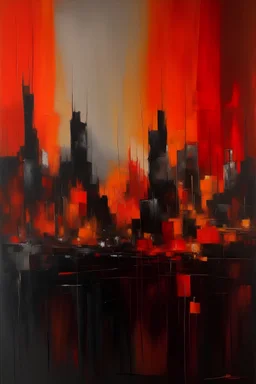 abstract painting of night city landscape with orange and red undertones
