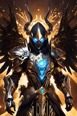 Full bodyMonster with Multiarms, hoodie, cover face, crystal sword, crystals arm, galaxy face, solo leveling shadow artstyle , high details, intricate details, highly detailed Man Angel cyborg straddle wings, using traditional armor,detailed, intricate,gears cogs cables wires circuits, gold silver chrome copper