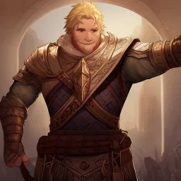 A nord male battlemage from Skyrim, full plate nordic armor, blond hair of medium length, hearty, smiling, thick short beard