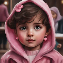 Painting of a little girl with big hazel eyes and short brown hair with a pink jacket and heart earrings, Iranian little girl, 2 years old, adorable eyes, cute face, light colors, adorable little girl, oil pastel, oil pastel painting, painting style