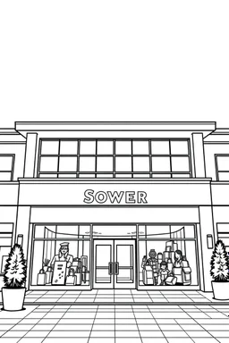 frontal view, black and white outline, exterior of two story shopping mall