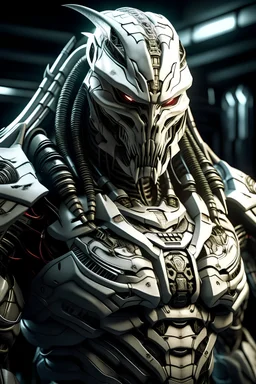 Predator in a mega cool white iron super suit with spikes on his arms and shoulders, hdr, (intricate details, hyperdetailed:1.16), piercing look, cinematic, intense, cinematic composition, cinematic lighting, color grading, focused, (dark background:1.1)