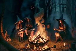 witches around a campfire in the woods