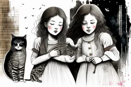 Two girls, playing with cats,, ink and pencil, style Elisabeth Kreitz