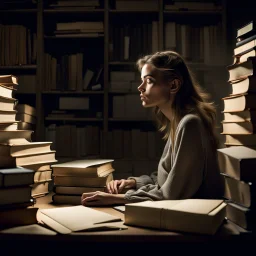 As the music begins, a young woman sits alone in a dimly lit room, surrounded by stacks of dusty books and papers. She looks lost in thought, her eyes fixed on a single spot on the wall as she listens intently to the low-quality recording on the tape player in front of her.