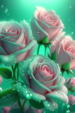 magic delicate pink-mint lush bouquet of roses, complex, amazing, magical delicate, mint color, sparkling dew drops, dawn, magically, in pastel transparent tones, hyperrealistic, beautiful lumen, shine, professional photo, 5d, realistic, 64k, high resolution, high detail, cgi, hyperrealism, f/16.1/300s, highly detailed digital painting, bright and juicy, photorealistic painting, solar backlight in the background, bright lighting, aesthetically pleasing, beautiful