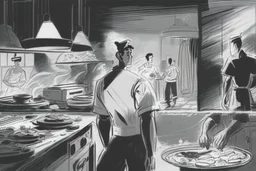 black and white storyboard, wide, on the Foreground there is a man and in the background, 3 chefs, scattered throughout the kitchen cooking, frying, cutting