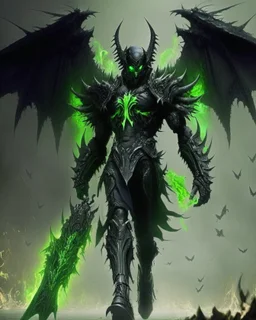 demonio de armadura negra y verde, con alas negras de ángel caminando hacia enfrente con un fondo en llamas