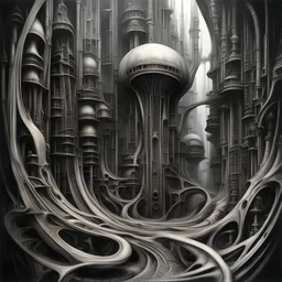 HR Giger's biomechanical cities are vast, intricate, and hauntingly beautiful landscapes that combine elements of organic and mechanical design. These cities feature towering buildings and structures that appear to be seamlessly integrated with the surrounding natural environment, creating a surreal and otherworldly aesthetic. The structures themselves are often composed of a complex network of tubes, cables, and other mechanical components, giving the impression that the entire city is a living
