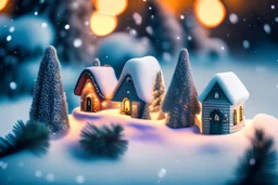Little decorative cute small houses in snow at night in winter, Christmas and New Year miniature house in the snow at night with fir tree. Holiday concept. Selective focus , 8k , cinematic