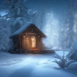 Mysterious christmas night, a small lonely hut, surreal atmosphere, cosmic backdrop, celestial ambience, soft lighting, very chilly appearance of the surroundings, unreal engine 5 volumetric lighting, intricate details, realistic style, 8k resolution