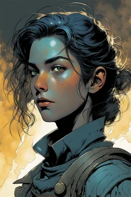 create a portrait of a young female Grey Mouser, Ill met in lankhmar in the comic book art style of Mike Mignola, Bill Sienkiewicz and Jean Giraud Moebius, , highly detailed facial features, grainy, gritty textures, foreboding, dramatic otherworldly and ethereal lighting