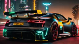Audi R8's ultimate need for speed tuning Mansory Cyberpunk 2077 neon Style Rear View, Super Detailed, desktop wallpaper, 4K