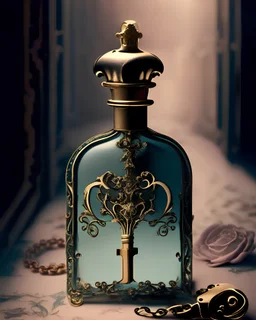 generate me an aesthetic photo of perfume for Perfume Bottles with Antique Keys