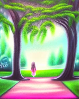 park mystical dream, park bench, man, woman, child, dog, trees, path, bird, sunshine, mystical, fantasy, romanticism, pastel colors, daylight, daytime, acrylic painting, detailed, soft focus,