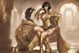 a slim, pale-skinned, slim Cleopatra, with a bob hairstyle, in a steampunk setting, gold boots, in a fighting stance