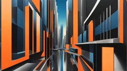 (hustle and bustle:55), (loop kick:20), (deconstruct:28), retro futurism style, urban canyon, centered, drone view, great verticals, great parallels, amazing reflections, excellent translucency, hard edge, colors of metallic orange and metallic steel blue