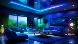 Living room futuristic with beautiful colors outside is night
