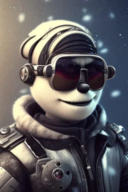 Snow man like a cyborg,with sunglasses,with gun,detail,textures,cinematic