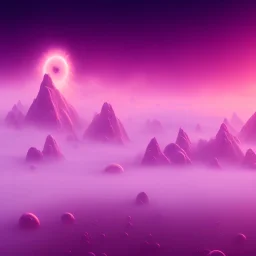 ALIENS FLOATING in the fog, spherical clouds, mountains, GLOWING, PURPLE, orange, pink, stars, TOWERS, 4K, 8K, CINEMATIC