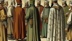 Rear view in 1490 of Andalusian men gathered around a commander in old Arab dress