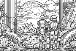 Visualize a black & white coloring book with thick contours and lines, all fitting within an 11x8.5 inch space. Figurines inspired by sci-fi themes, bringing a sense of adventure to the coloring book.