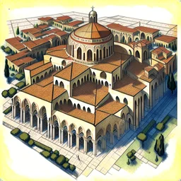 aerial view drawing of a byzantine cathedral in the style of art novel and torat