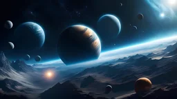 A mesmerizing close-up of a planet surrounded by a stunning array of other planets, all captivatingly captured by Jessica Rossier. This trending, microscopic space art photo showcases floating planets and moons against a dark background, highlighting the ethereal beauty of space.