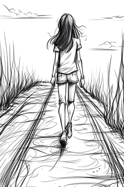 Girl who is walking on a long path , sketch draqwing