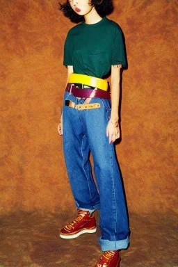 year 1998 denim fashion. Loose, baggy, low waist Combat pants and t-shirt. Colors: denim blue, blue, purple, cream, khaki, light green, lilac, plum, orange, terracotta, red, light yellow, lion yellow, pink, dark blue, beige. Lynx-pattern, lynx-print. wide belt. Partly latex or leather. Kylie Minogue, Tyra Banks. leg warmer. Cargo pants.