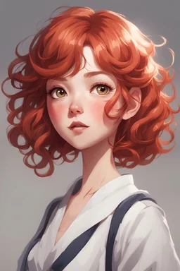 A short girl with thick short wavy red hair, narrow kind eyes with an enthusiastic look, full height, Wide oval face decorated with an upturned nose and small lips in the style of genshin impact