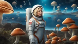 middle-aged, blond-haired woman in a spacesuit, on the shores of an alien world, with mushrooms, with jellyfish tentacles floating in the air, photorealistic, Detailed Matte Painting, Deep Colour, Fantastical, Intricate Detail, sunshine, blue sky