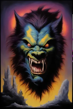 in the dead of night the bright moon shines down on a giant, extremely colorful werewolf facial portrait, acrylic on canvas, in the art style of Boris Vallejo,